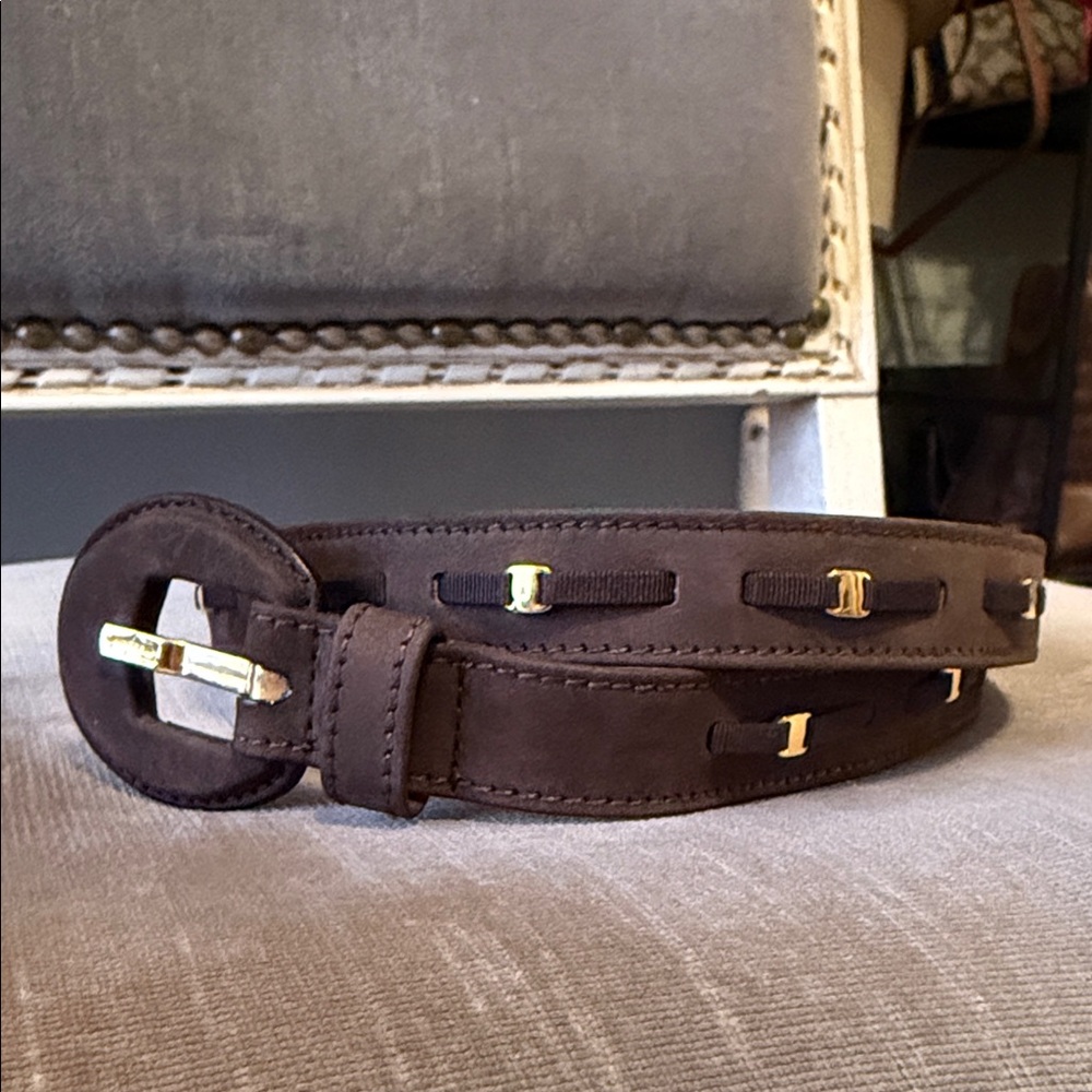 Salvatore Ferragamo Brown Suede Leather Belt with Gold Accents
